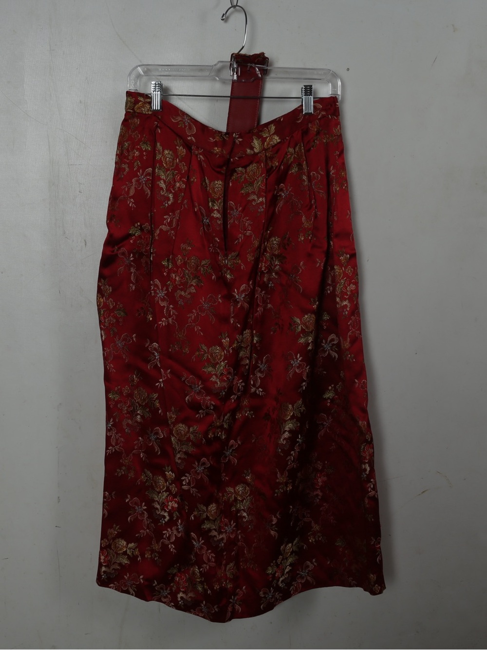 Elegant Red Floral Satin Midi Skirt